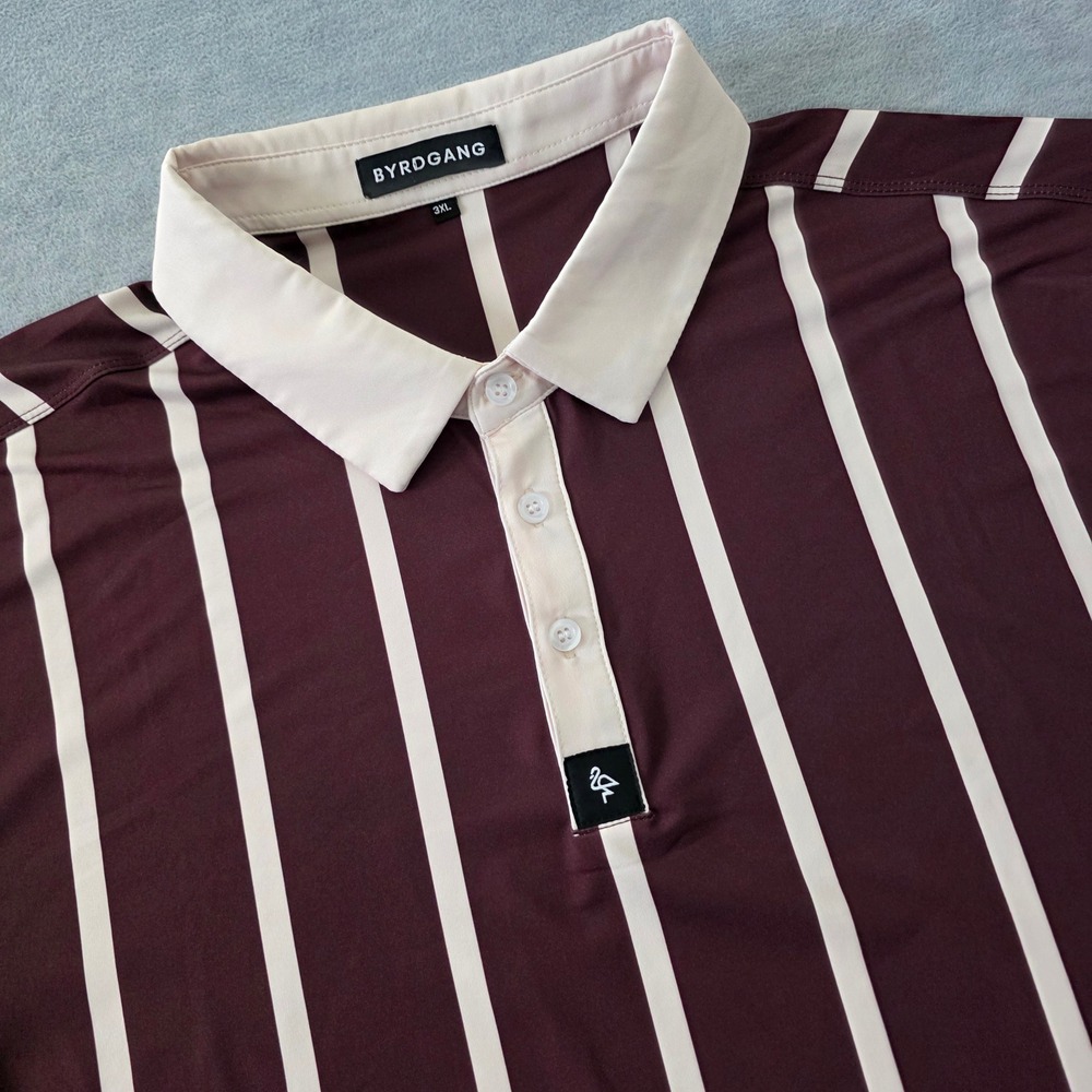 Byrdgang Mens 3XL Burgundy Cream Vertical Stripe Short Sleeve Golf Polo Shirt
